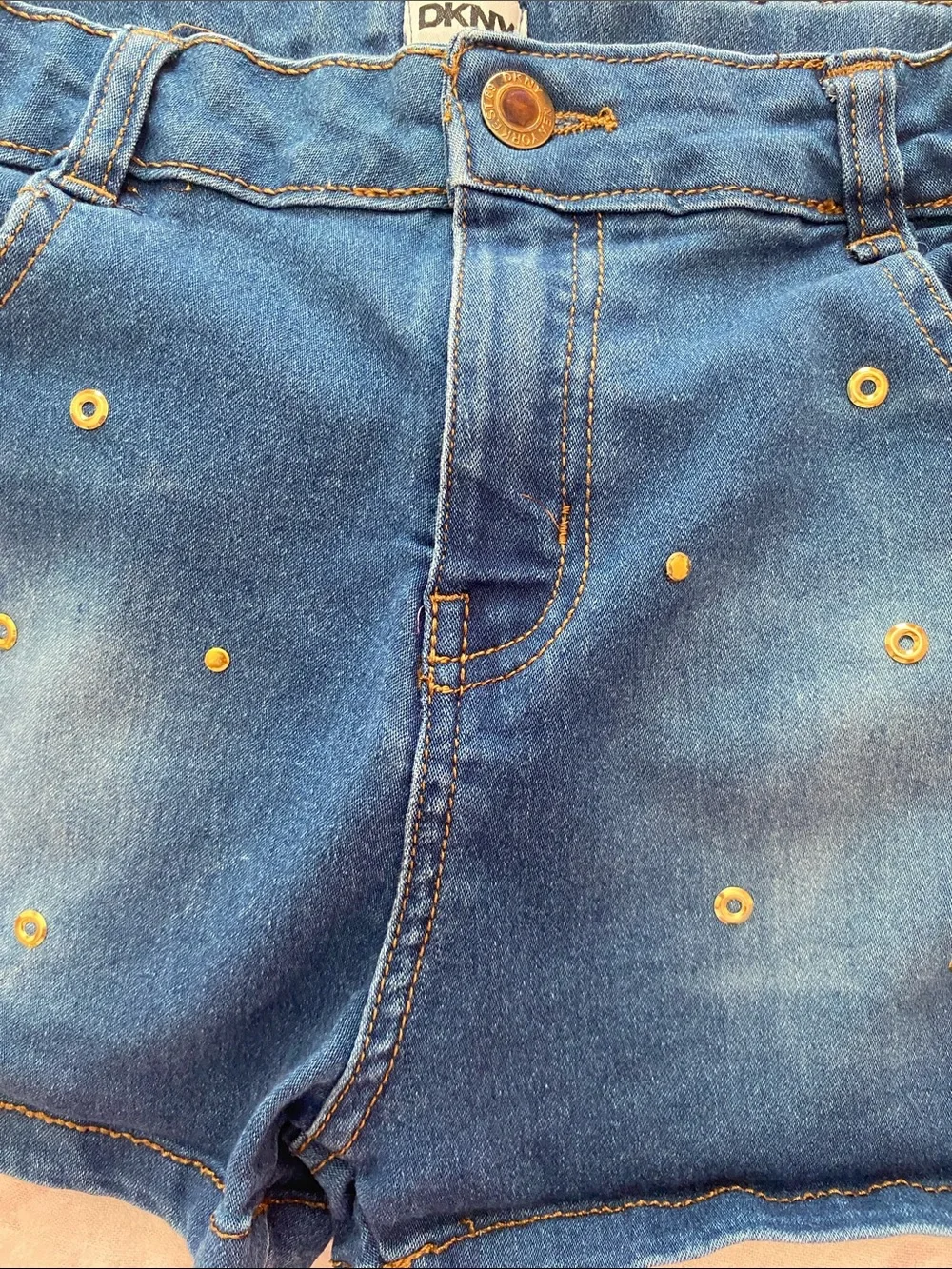 DKNY Girls' Dark and Light Blue Denim Shorts with Gold Studs